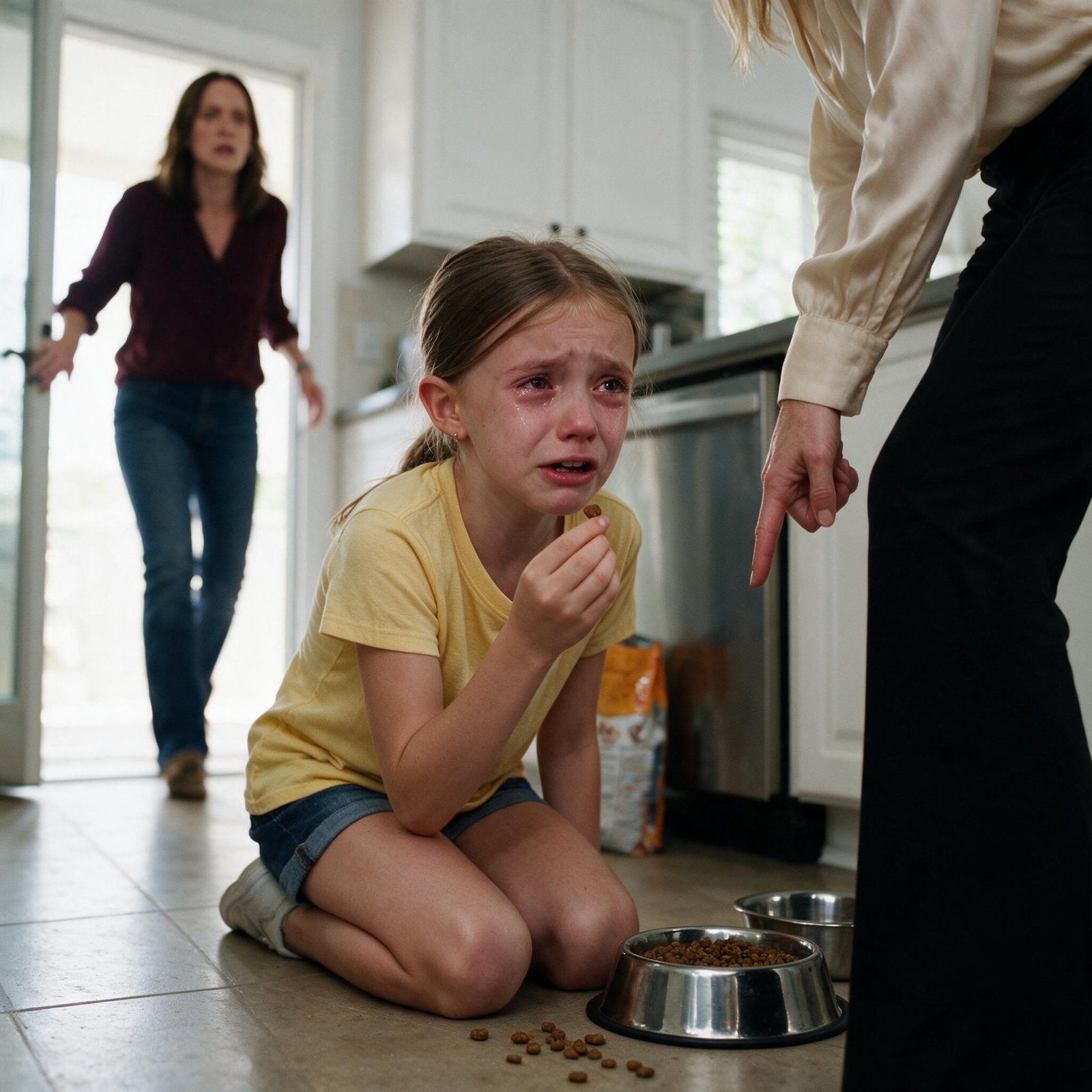 A little girl in a yellow T-shirt kneeling on a kitchen floor beside a bowl of dog kibble, holding a single pellet, while her stepmother points down at her and her mother comes through the door behind them